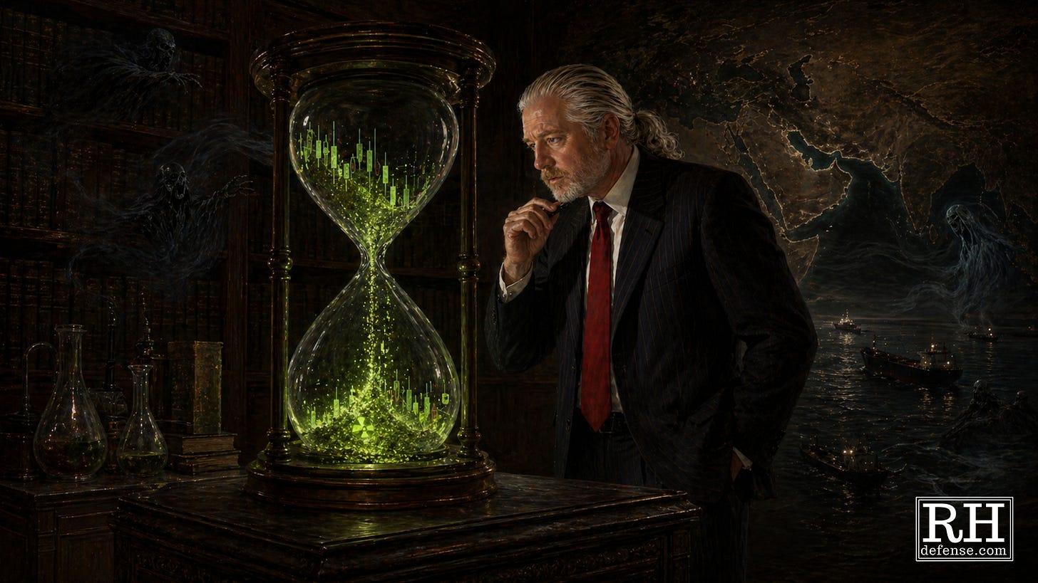 Rick Horowitz studies a glowing hourglass filled with green radioactive particles and candlestick-chart fragments, symbolizing market decay and fallout.