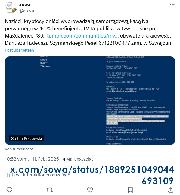 wyprowadzają kasę na prywatnego w 40 % beneficjenta TV Republika, w tzw. Polsce po Magdalence '89, obywatela krajowego, Dariusza Tadeusza Szymańskiego Pesel 67123100477 zamieszkałego w Szwajcarii