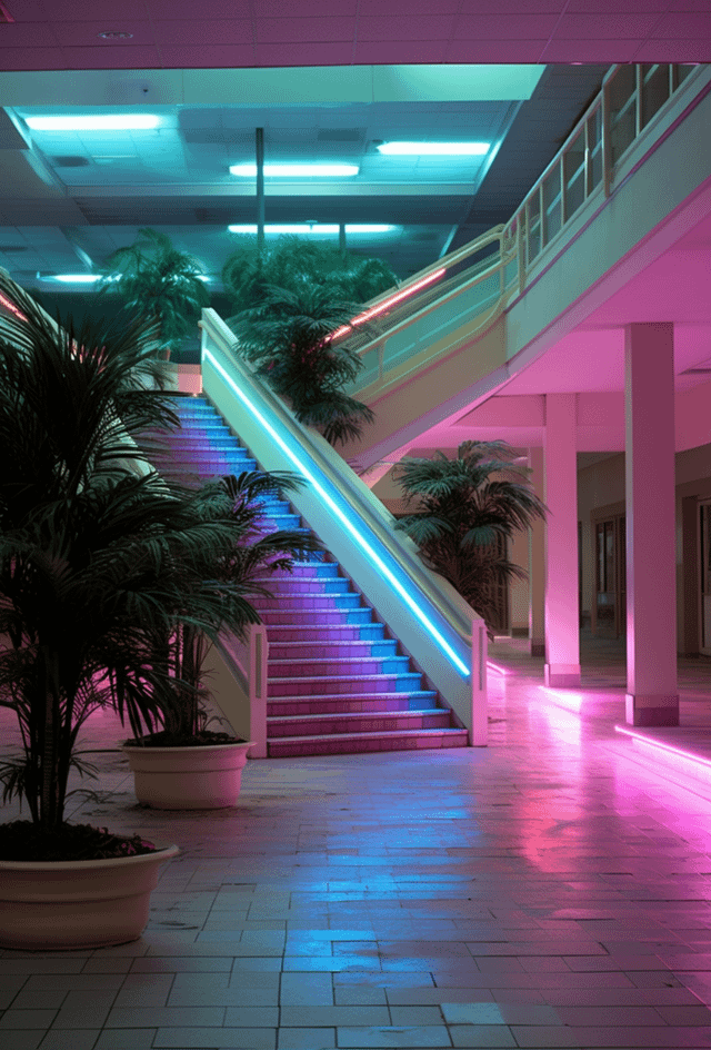 r/VaporwaveAesthetics - a staircase with neon lights