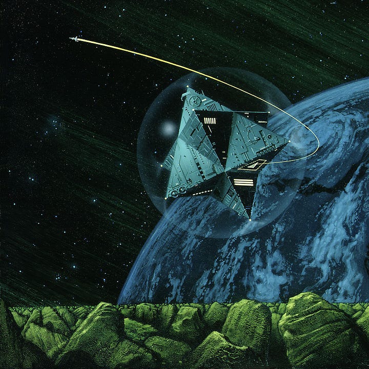 LEFT: Back cover detail from THE FINAL ENCYCLOPEDIA featuring of a geometric shape formed by two intersecting tetrahedrons. The texture and lighting on the facade marks it as a spaceship. From a docking bay underneath, a rocket burns in an arc out and away to the left. A transparent bubble, apparently a forcefield projected from the points of the stellated octahedron, surrounds the ship. RIGHT: Close detail from THE FINAL ENCYCLOPEDIA featuring a man in a white jumpsuit floating weightlessly in front of a cloudy planet. He strikes a contemplative pose with chin resting on his hand and his elbow on his thigh.