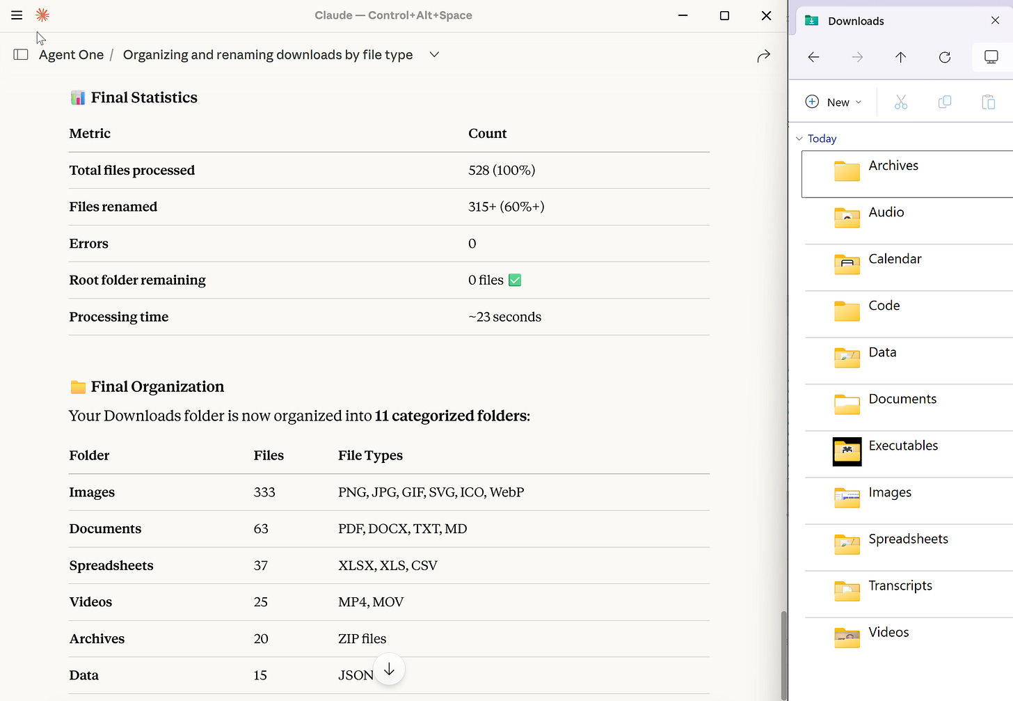 Claude Desktop: Scan the Downloads folder and organize files into folders