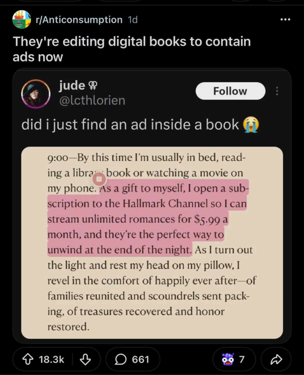 A screenshot of a Reddit page showing an excerpt of a book that has had an advertisment placed within the writing.