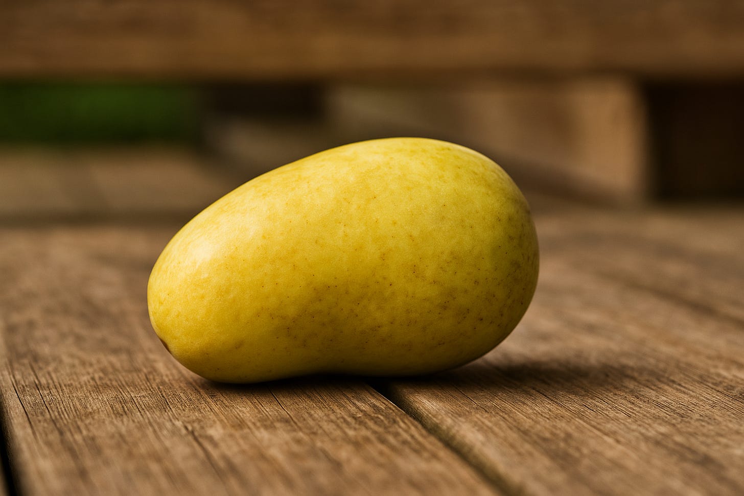 Close-up of a single ripe yellow-green pawpaw fruit resting on a weathered wooden porch floor, soft natural light highlighting its smooth texture.