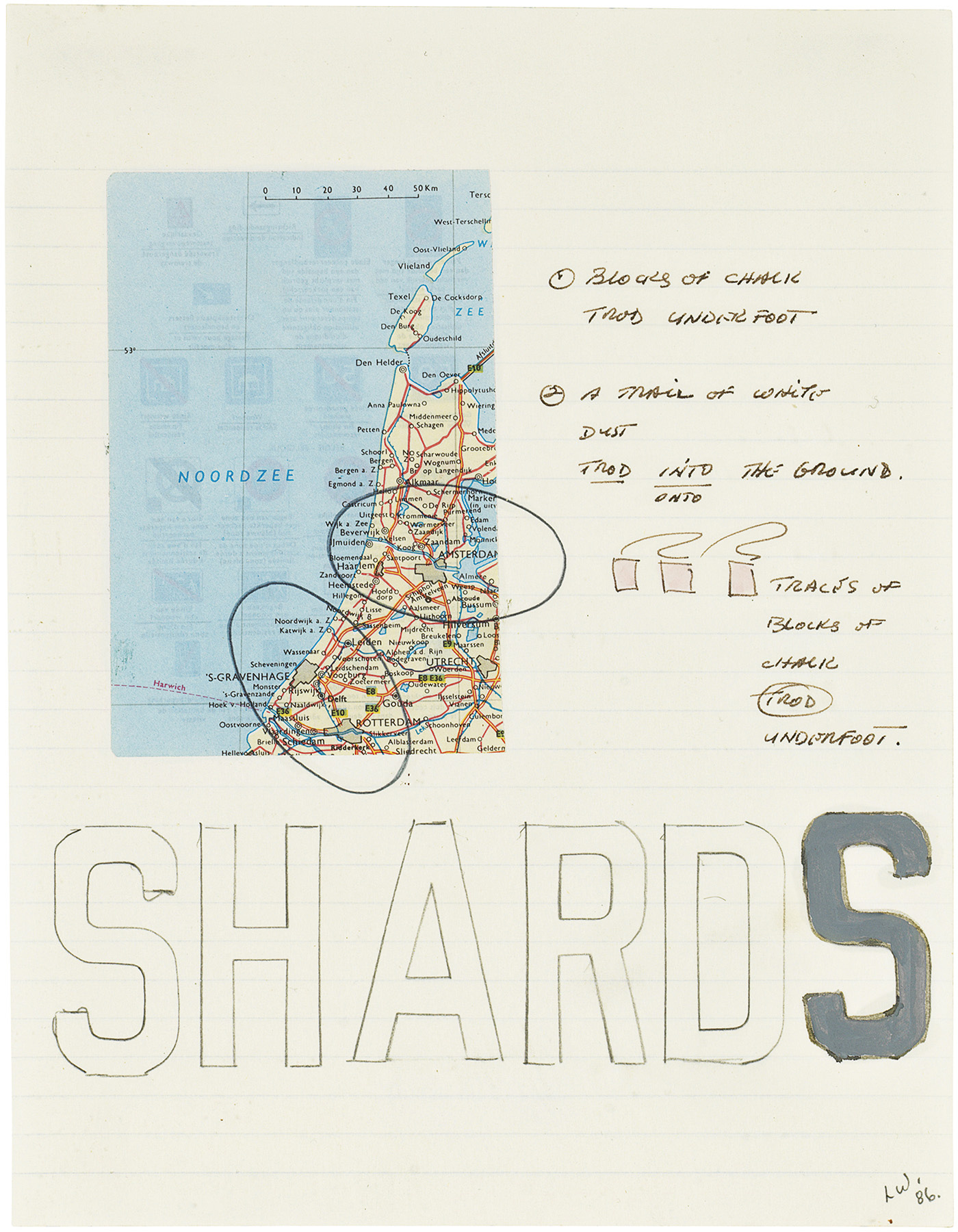 Lawrence Weiner, Shards, (ink, gouache, graphite, and printed paper collage on lined paper), 1986 [Christie’s, London. Private Collection. © Lawrence Weiner / ARS, New York]