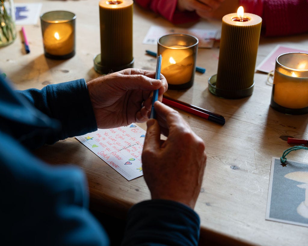 Person holding a pen and writing a farewell postcard ahead of a funeral ceremony