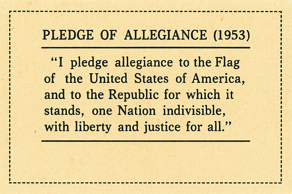 a vintage classroom-style postcard featuring the 1953 version of the Pledge of Allegiance, with aged paper texture, typewriter-style font, and patriotic border