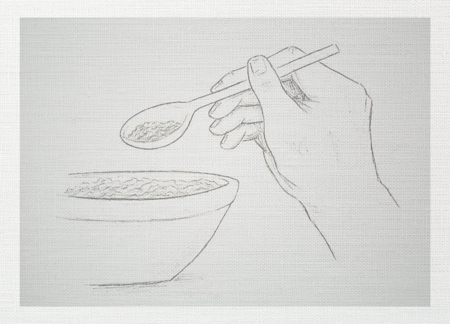 Pencil sketch of a bowl of chili with a hand holding a spoonful of it. Pencil sketch of a bowl of chili with a hand holding a spoonful of it.