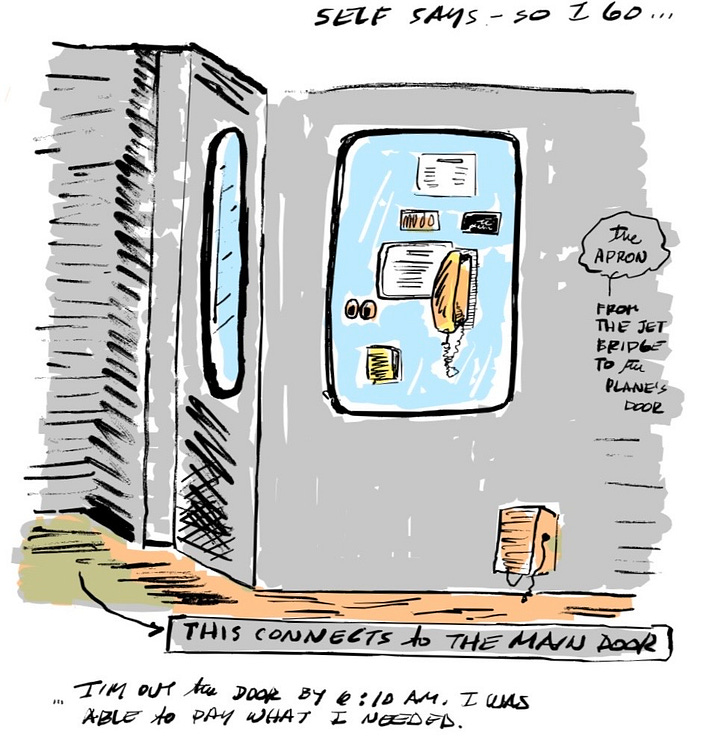 Illustration of the apron, a side looking at his phone and two guys talking. 