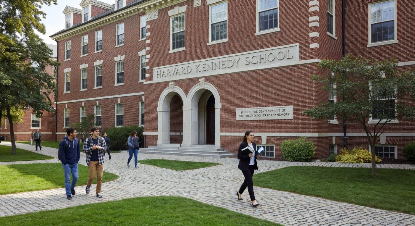 Harvard Kennedy School brick building with students walking on cobblestone pathways