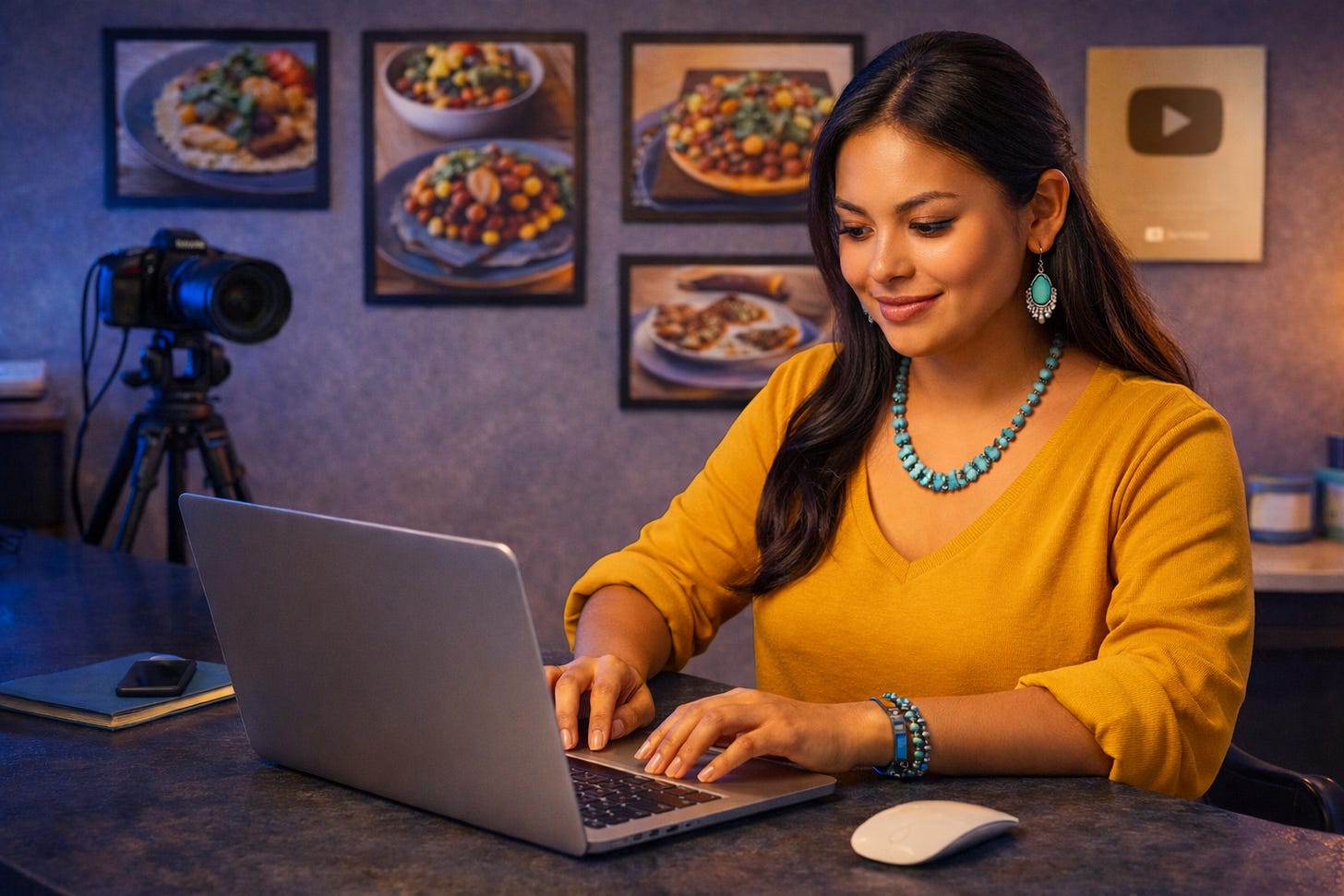 Nelly, a Navajo food creator wearing her signature mustard yellow top, works on her laptop in a modern New Mexico kitchen, with a DSLR camera set up behind her, framed photos of her recipes on the wall, and a YouTube Creator Award displayed, showing her workflow as a food and video creator.