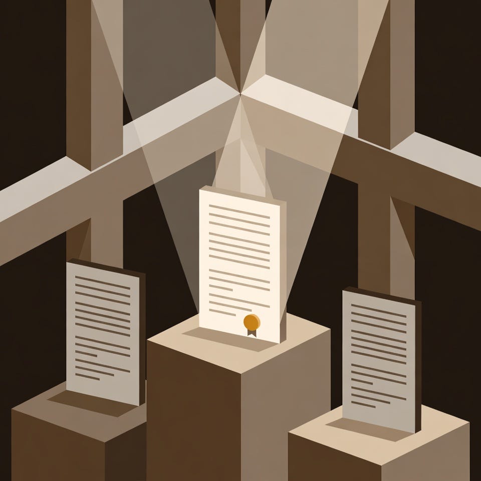 Editorial illustration, conceptual, isometric perspective, muted earth tones, flat shading, geometric lighting, mid-century modern, minimalist, New Yorker style, no text. Three identical documents on pedestals at different heights like a podium, the tallest one in the center glows with a subtle amber seal, the other two are slightly faded and stepped below, a single beam of geometric light falls diagonally across the winner, clean architectural framing, faceless, no screens.