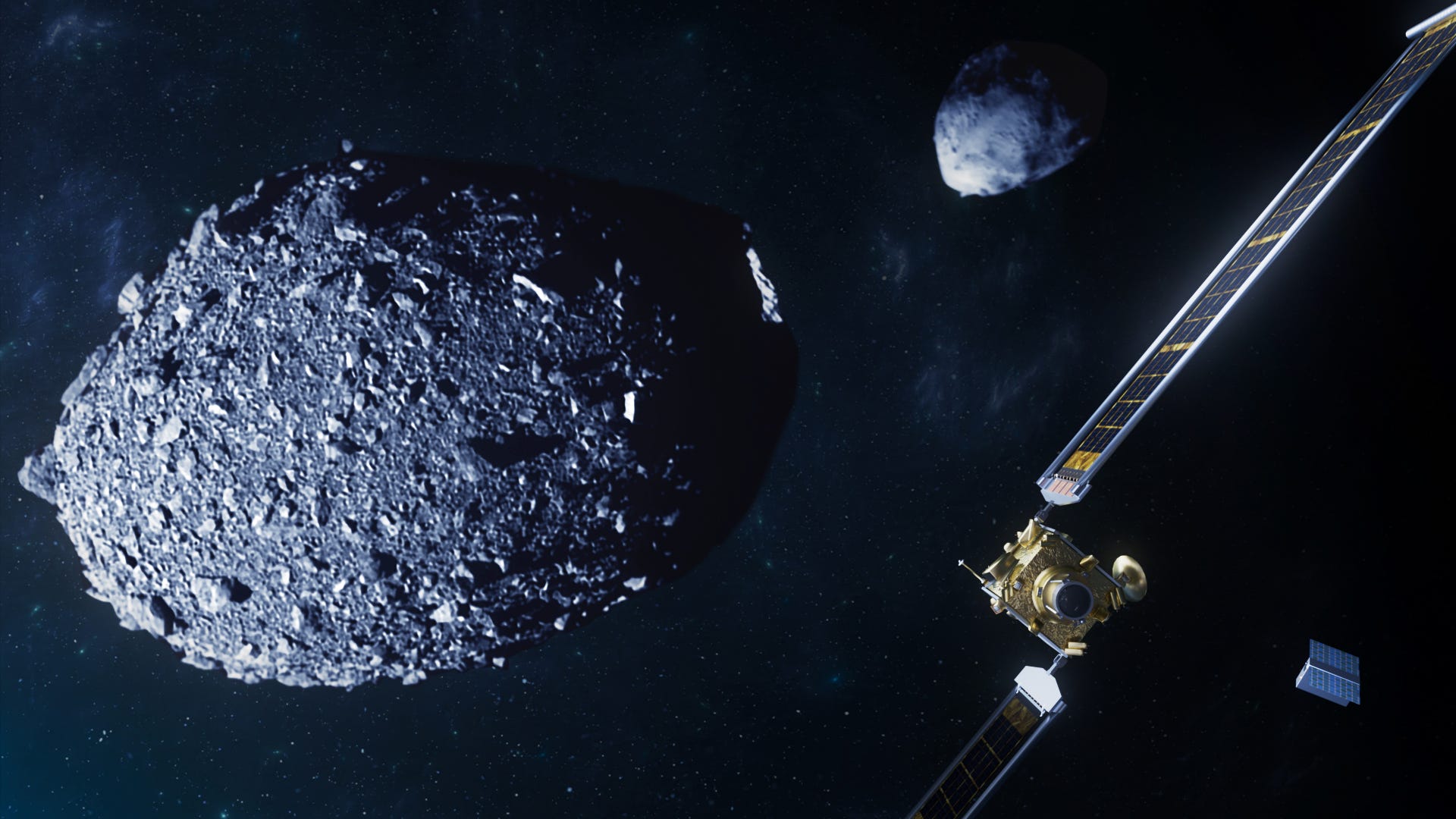 A render of NASA’s DART spacecraft moments before impact. A render of NASA’s DART spacecraft moments before impact.