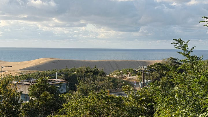 Image 1 (indoor scene): Alt text: Interior of a large museum atrium with a circular metal walkway surrounding a glass-walled central structure topped by branching tree-like sculptures. Curved staircases descend on the left, and colorful displays and mascots are visible on the lower floor.  Image 2 (outdoor scene): Alt text: View of a wide sandy dune stretching along a coastline with calm blue ocean behind it, seen from above green trees and buildings under a partly cloudy sky.