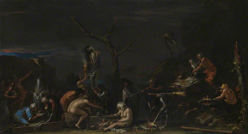 Coven around a fire at night, a hanged man above Coven around a fire at night, a hanged man above