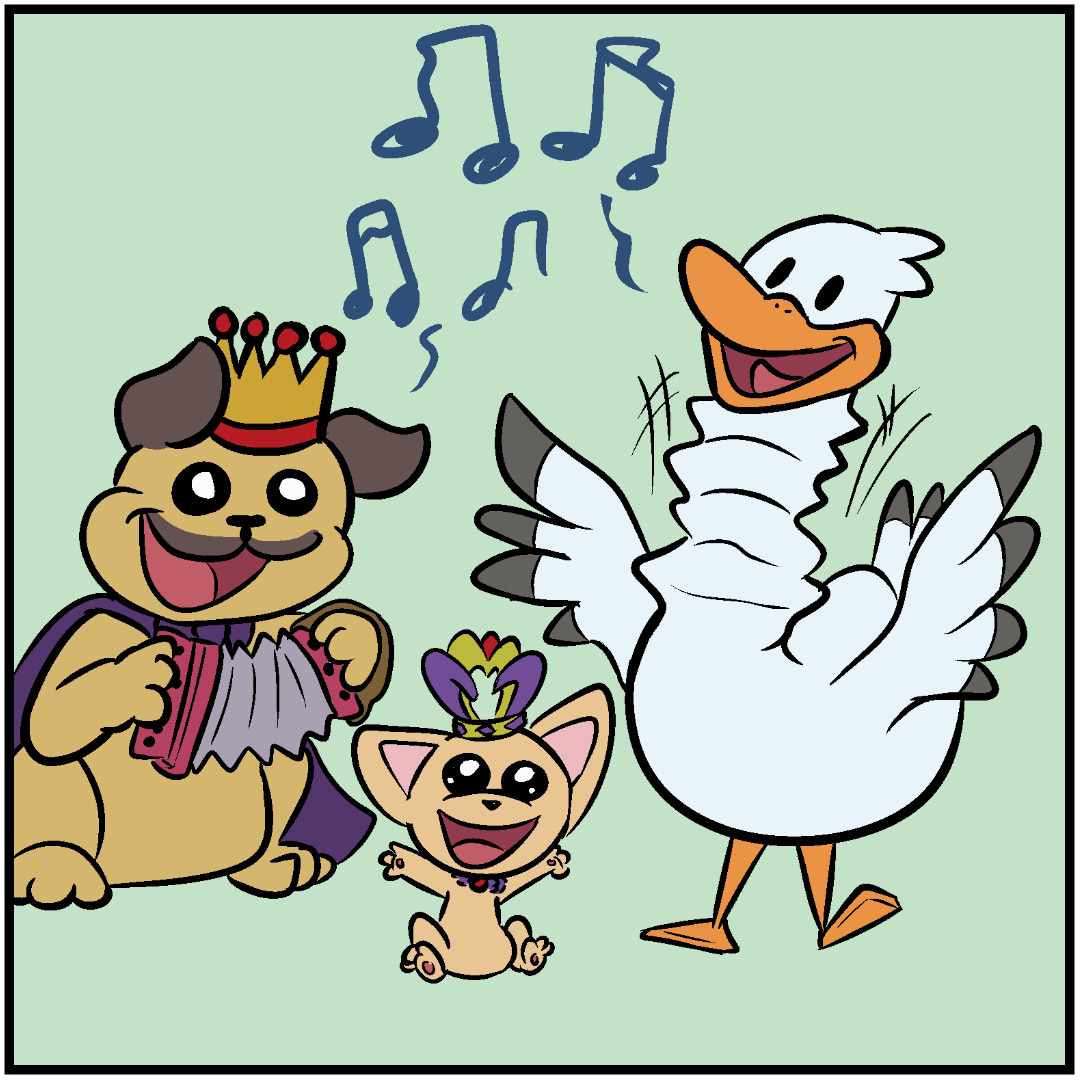 Comic Panel 6: Grumpy Goose does not look grumpy anymore as he stretches his neck to make the accordion he swallowed make music! Pug Pup joins in with her accordion as TeaCup Pup looks positively delighted! Comic Panel 6: Grumpy Goose does not look grumpy anymore as he stretches his neck to make the accordion he swallowed make music! Pug Pup joins in with her accordion as TeaCup Pup looks positively delighted!