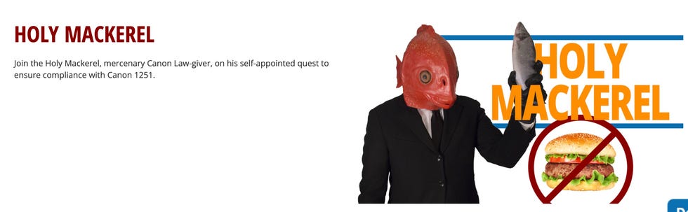 Man with a fish head holding a fish and No Burgers sign Man with a fish head holding a fish and No Burgers sign