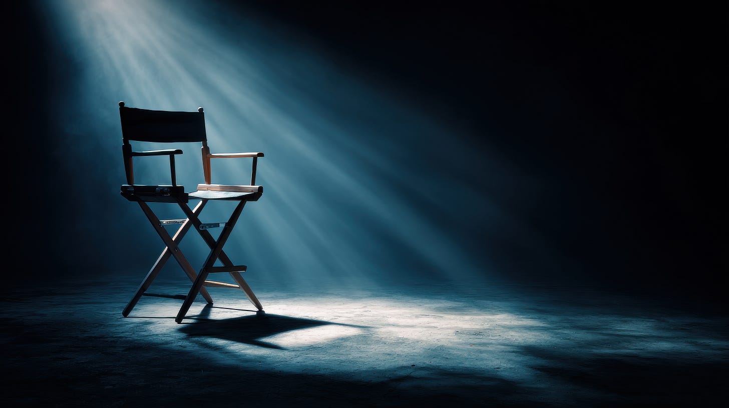 A single wooden director's chair sits beneath a spotlight on an otherwise dark stage, suggesting anticipation, casting, and the search for the right person to enter the story.