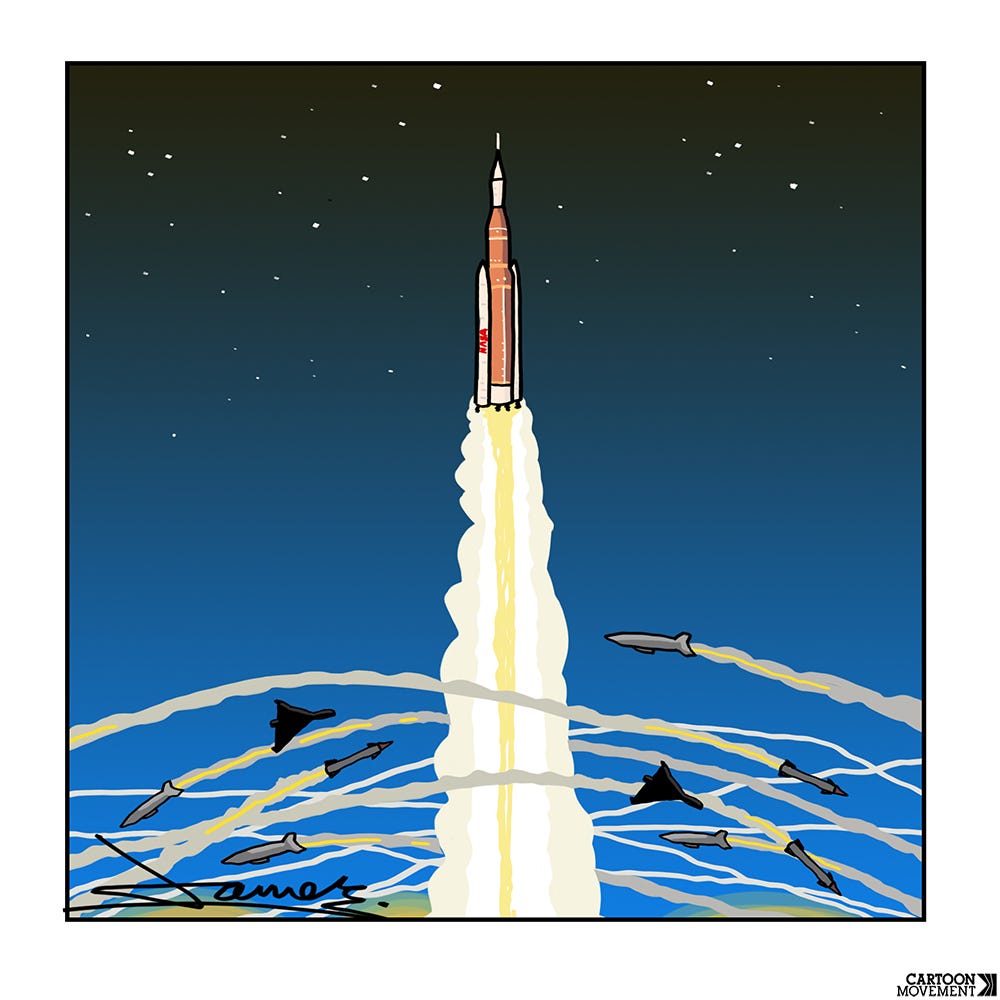 Cartoon showing the Artemis II rocket launching, and rising above other missiles that are not launched towards the moon, but towards each other.