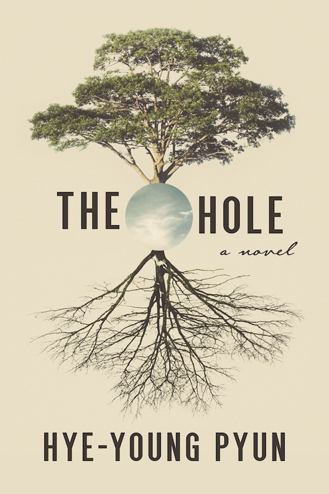 The image of an uprooted yet clean tree against a beige background. The cover of The Hole.