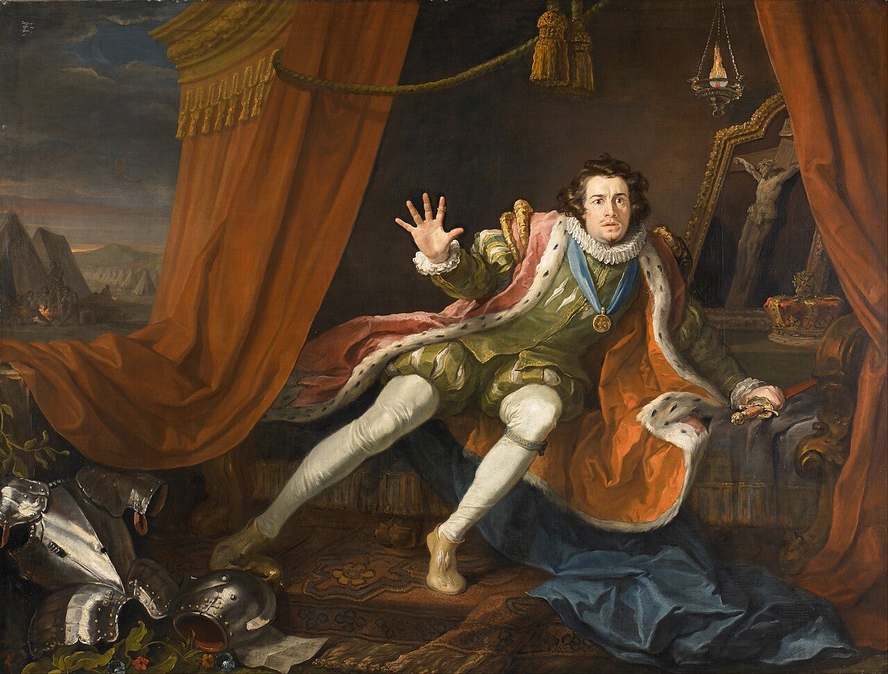 Hogarth's painting: the actor David Garrick as Richard III starting up in his tent at night, one hand raised and his face in shock