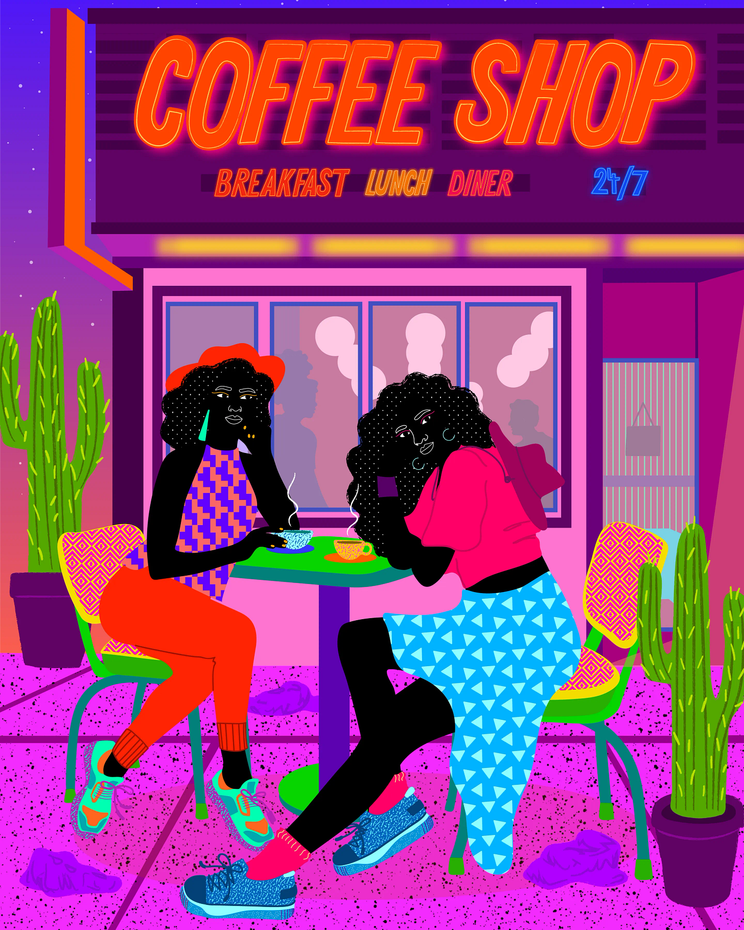Colorful Afrocentric illustration of Black friends in conversation, suggesting vulnerability and relational work. Artwork by Aurélia Durand.