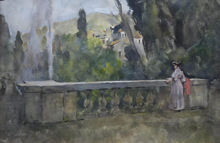 'Jonge vrouw uitkijkend over de tuin van Villa d'Este, Tivoli' 1903 - aquarel: Gerad Muller (herkomst: coll. Kunsthandel Pygmalion, Maarssen) 'Jonge vrouw uitkijkend over de tuin van Villa d'Este, Tivoli' 1903 - aquarel: Gerad Muller (herkomst: coll. Kunsthandel Pygmalion, Maarssen)