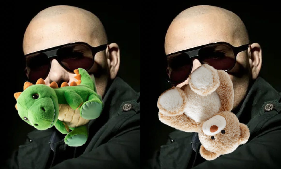 Two pitbulls holding stuffed animals