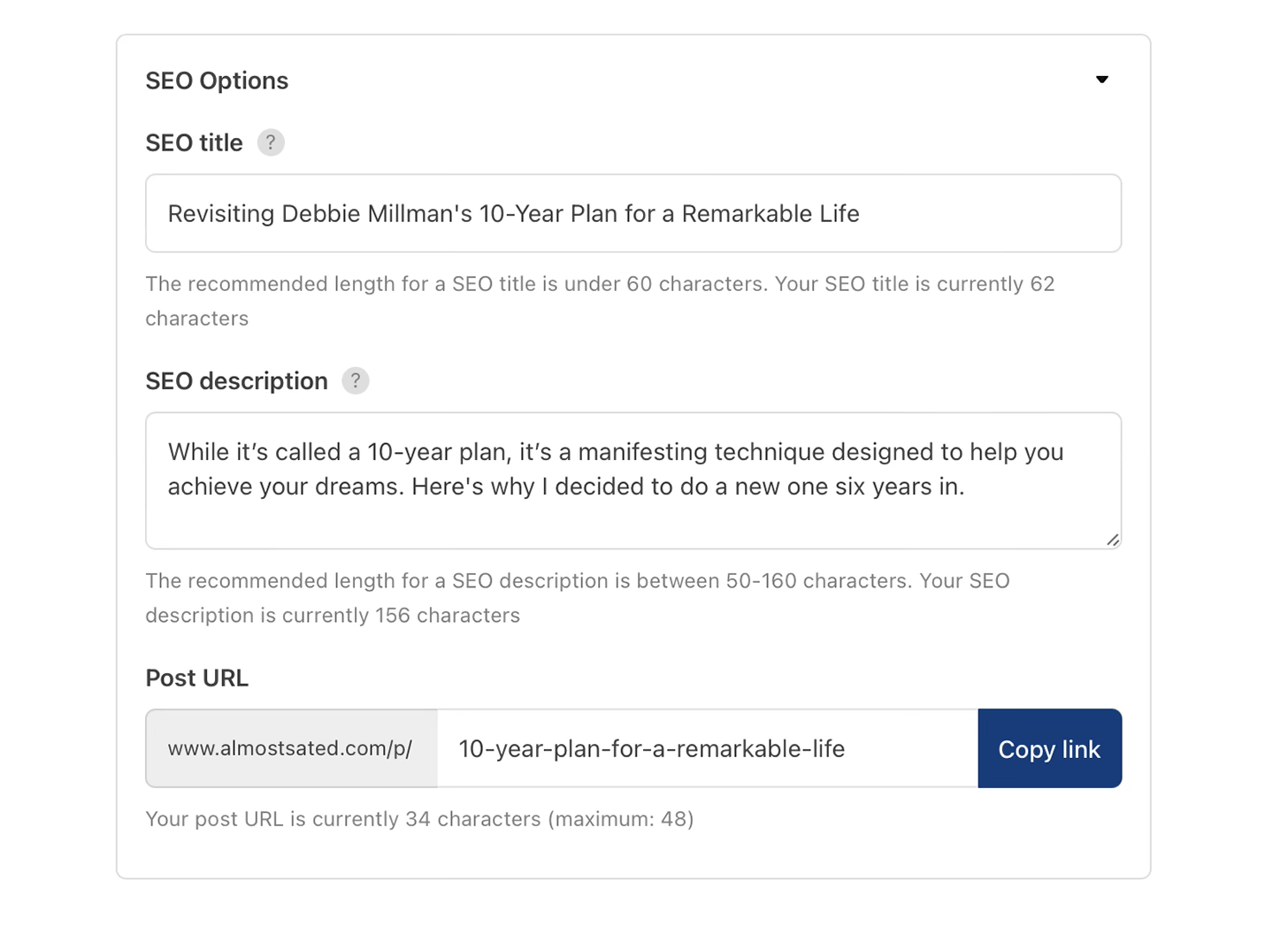 Substack SEO settings field