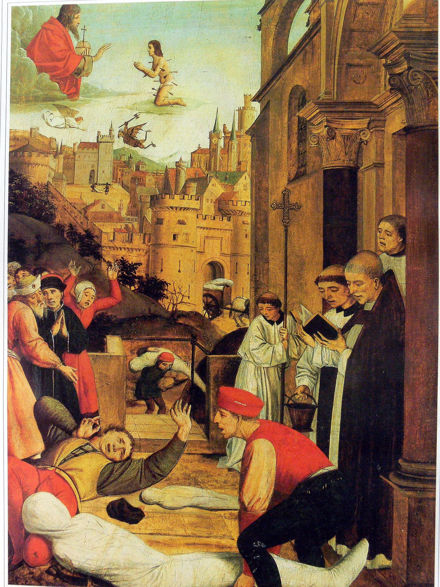 Saint Sebastian pleading for the life of a gravedigger afflicted with plague during the 7th-century Plague of Pavia, by South Netherlandish painter Josse Lieferinxe ca. 1498