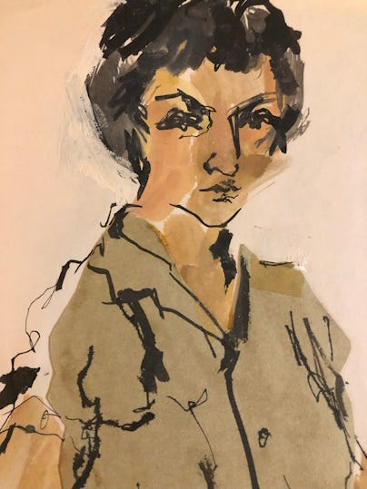 A print of a self-portrait with color and an intense gaze. A print of a self-portrait with color and an intense gaze.
