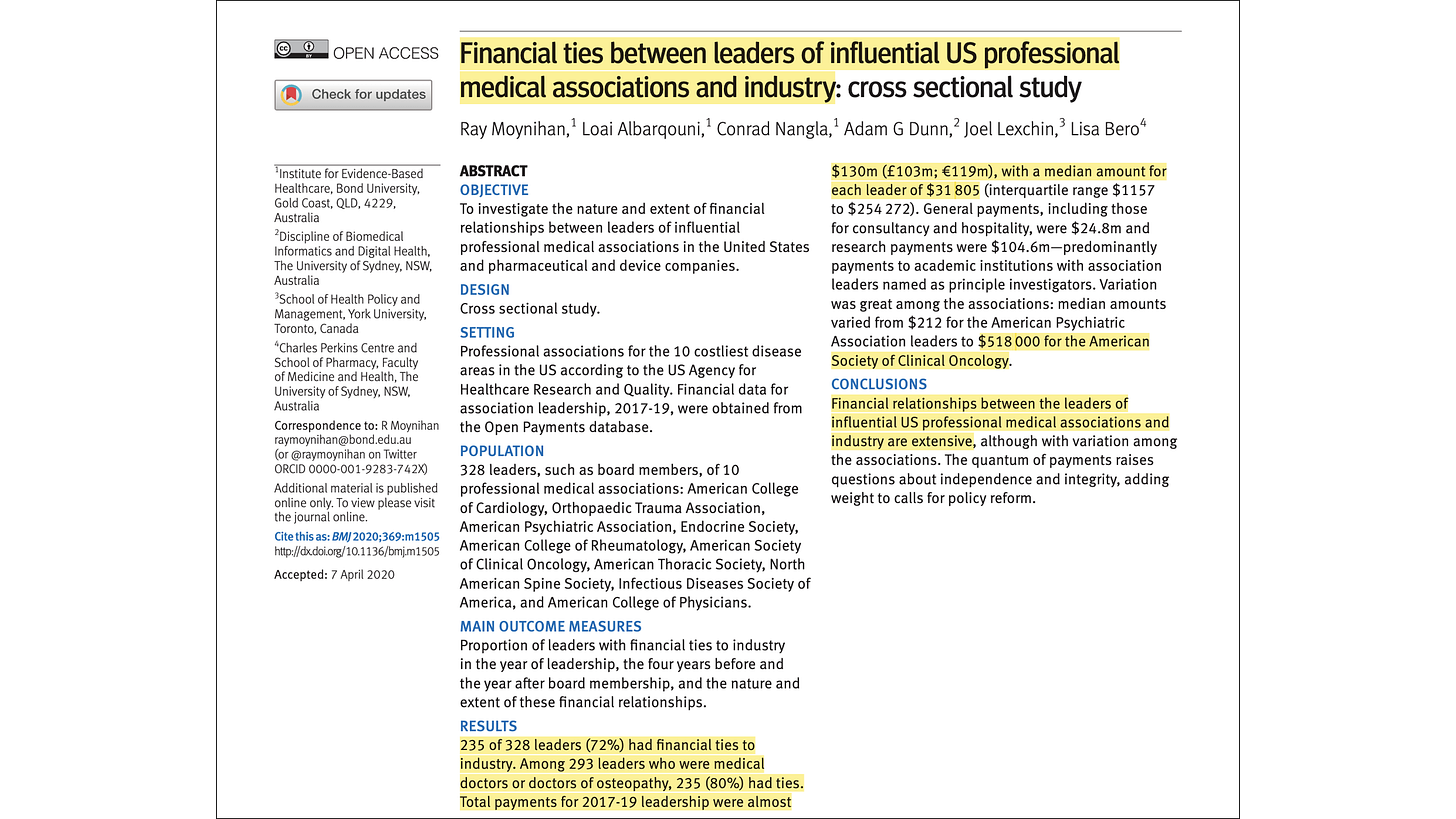 Financial ties between leaders of influential US professional medical associations and industry: cross sectional study (Moynihan et al., 2020)