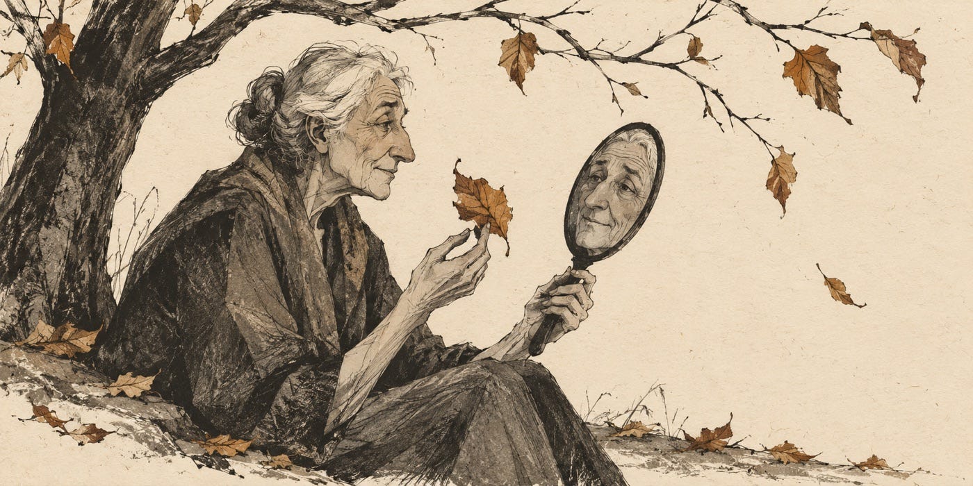 An older woman studies her reflection beneath an autumn tree, holding a fallen leaf. An older woman studies her reflection beneath an autumn tree, holding a fallen leaf.
