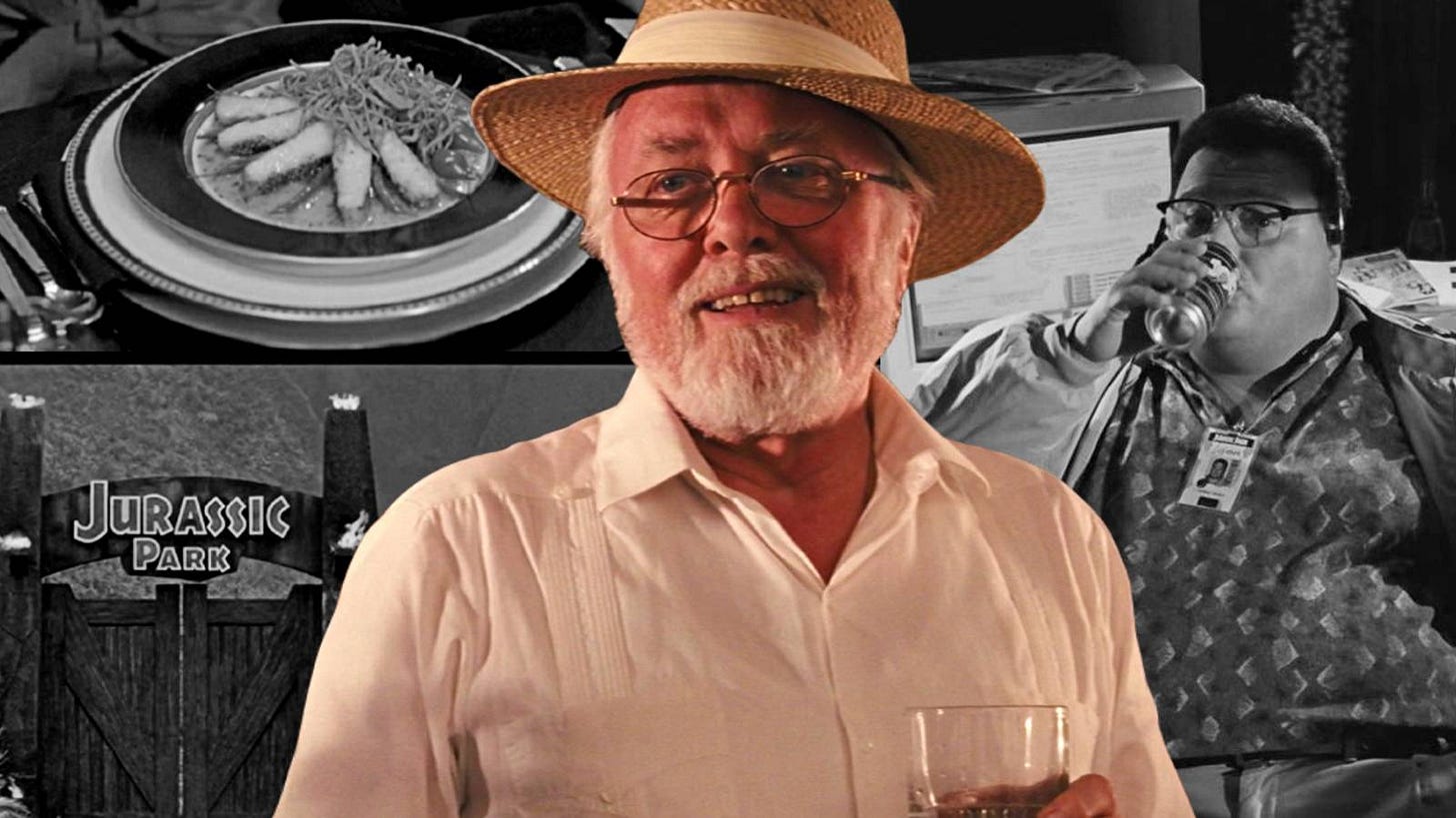 richard attenborough as john hammond in jurassic park with dennis nedry and fish