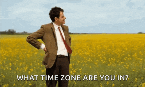 mr bean is standing in a field of yellow flowers and asking what time zone are you in . mr bean is standing in a field of yellow flowers and asking what time zone are you in .