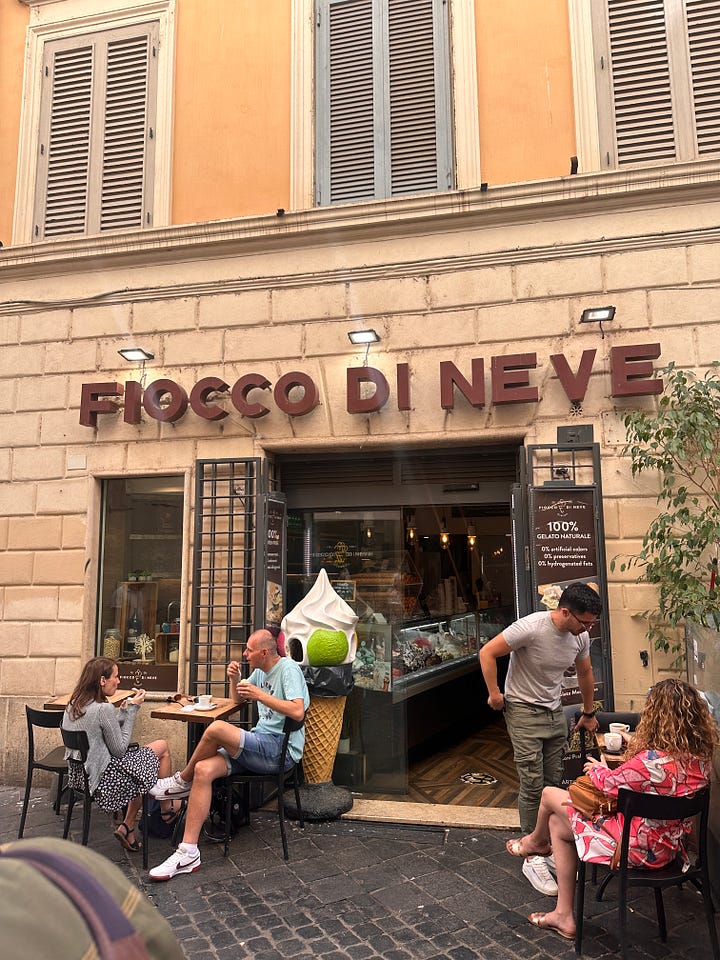 creamy gelato, snapshot of Fiocco Di Neve the gelato shop, Gucci store and the Spanish Steps