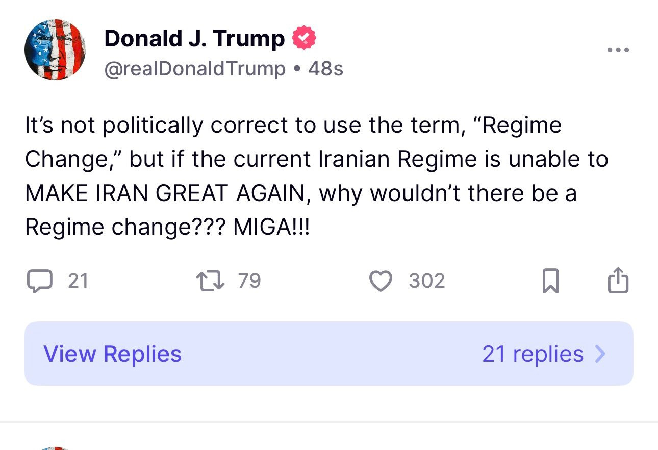 Kaitlan Collins on X: "President Trump suggests he's open to regime change  in Iran “if the current Iranian Regime is unable to MAKE IRAN GREAT AGAIN.”  Vice President Vance said earlier the