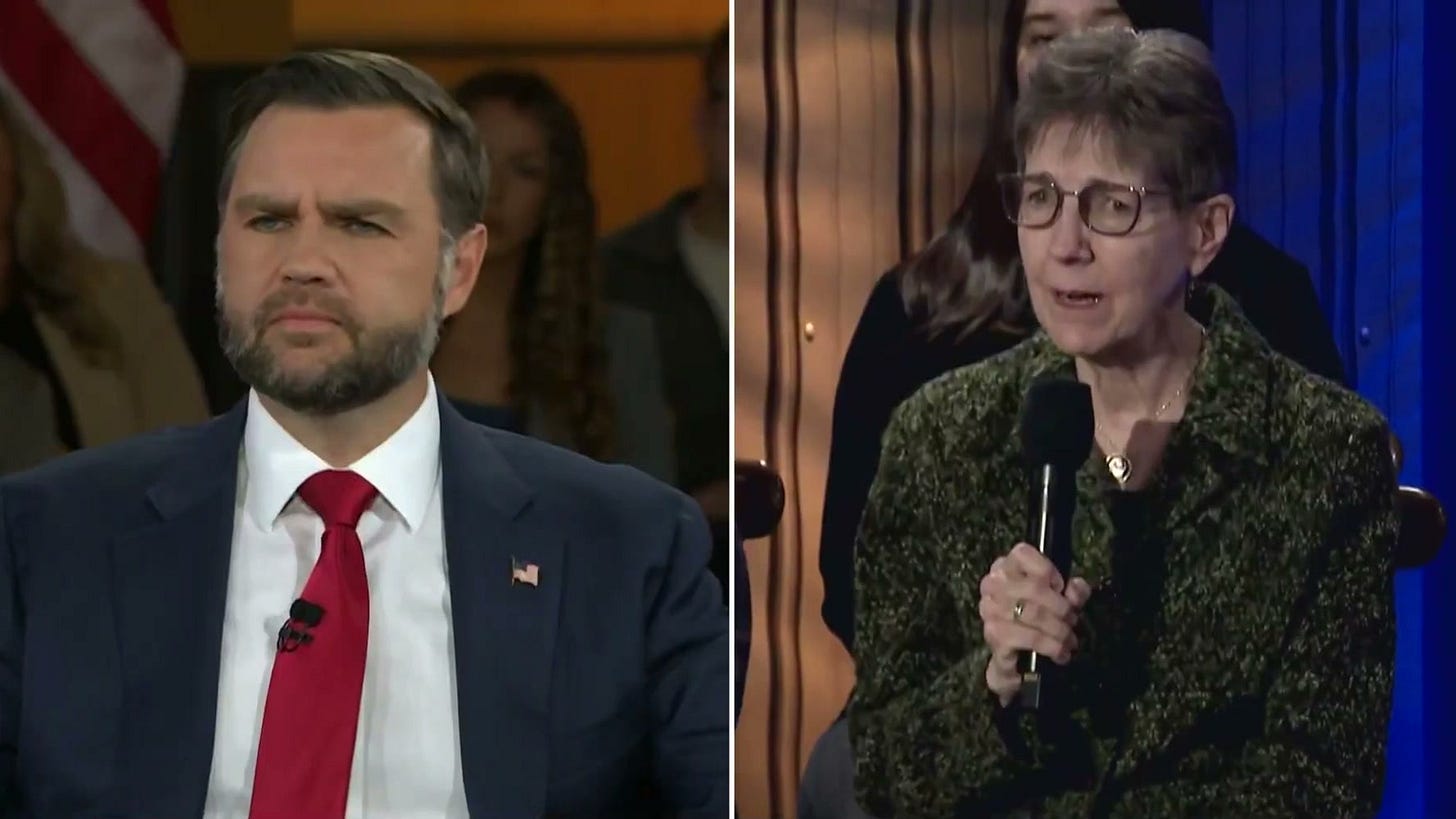 JD Vance and Sister Nancy Sylvester on a split screen at the CBS News town hall JD Vance and Sister Nancy Sylvester on a split screen at the CBS News town hall
