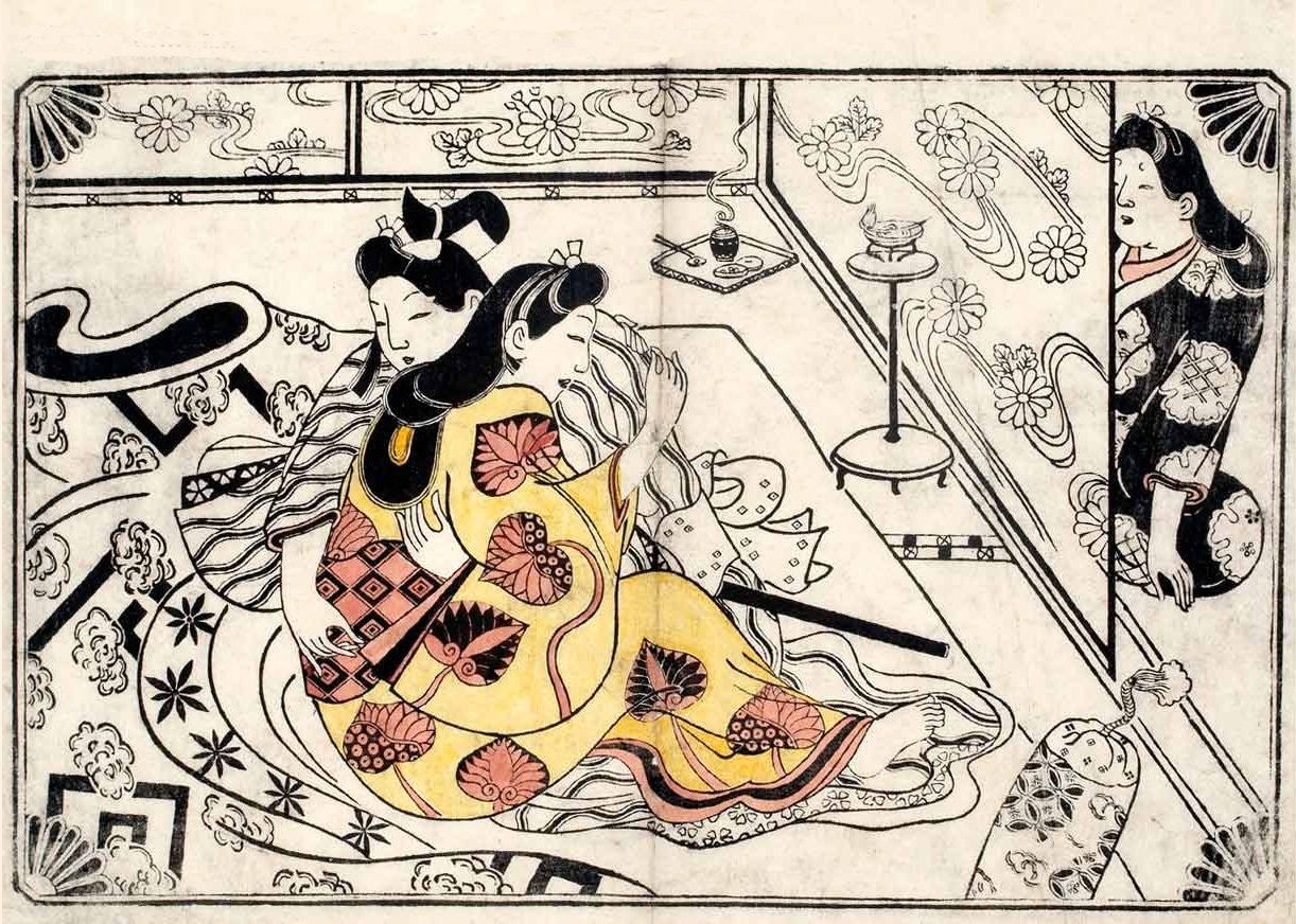 Sugimura Jihei woodblock print, shunga scene of lovers observed, Edo period Sugimura Jihei woodblock print, shunga scene of lovers observed, Edo period