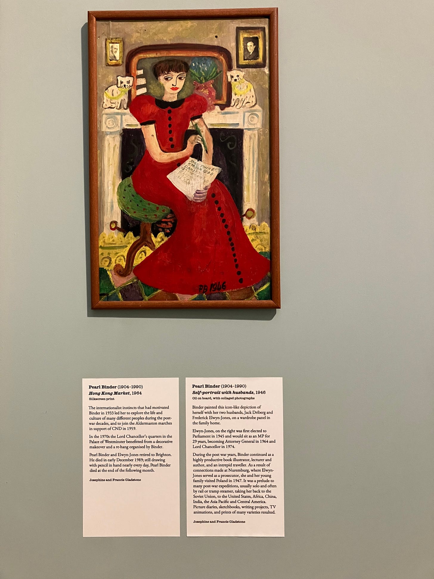 painting of woman in red dress seated before a fireplace with animal statues on mantel behind her and photographs on wall painting of woman in red dress seated before a fireplace with animal statues on mantel behind her and photographs on wall