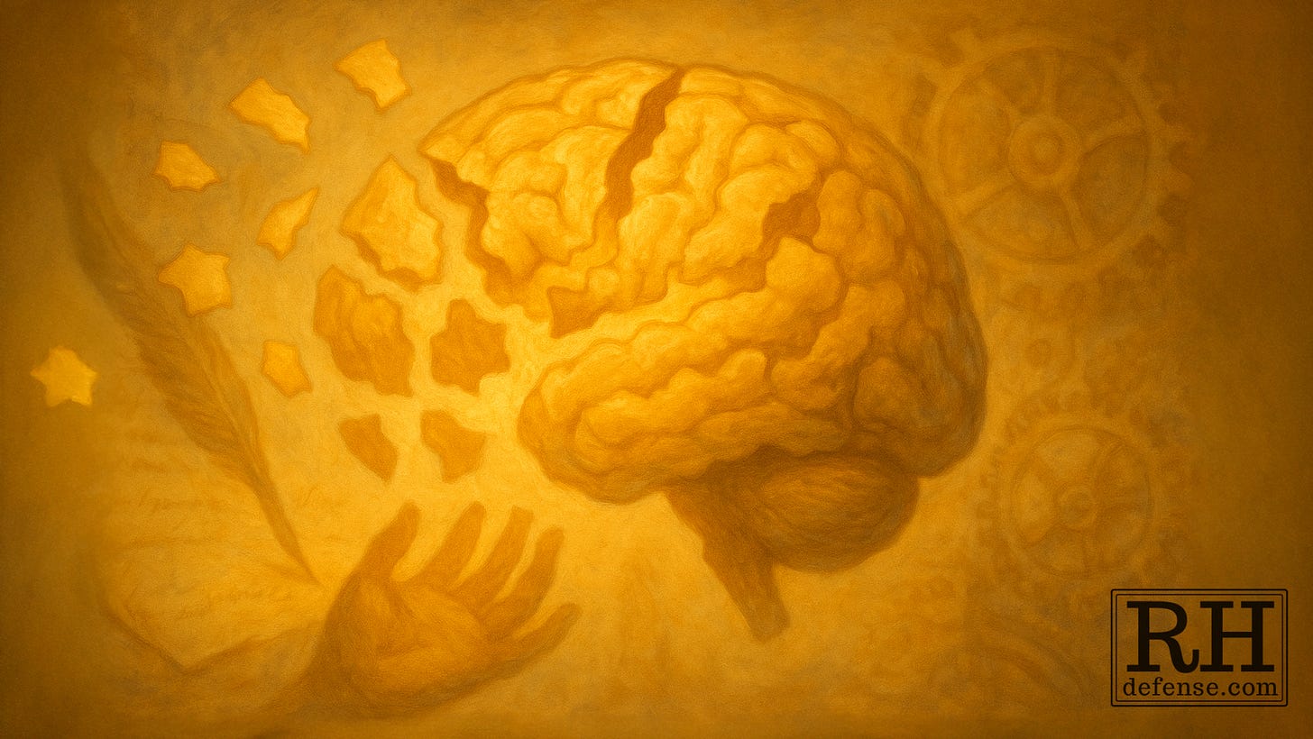 A translucent golden brain composed of floating, reassembling fragments hovers above faded legal documents and clockwork, illustrating how memory and consciousness are constructed rather than simply retrieved. A translucent golden brain composed of floating, reassembling fragments hovers above faded legal documents and clockwork, illustrating how memory and consciousness are constructed rather than simply retrieved.