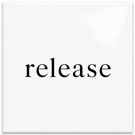 Six glossy white square cards arranged in two rows of three. Each card has one centered lowercase word in black serif type. From left to right, the top row reads: cease, release, peace. The bottom row reads: ease, receive, increase.