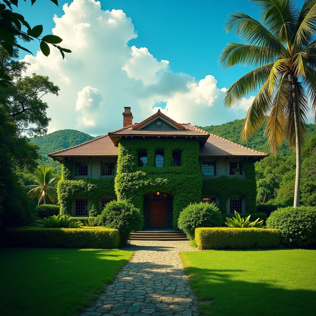 Majestic colonial mansion, Jamaica, late afternoon, warm golden light, cinematic lighting, long shadows, vibrant lush tropical gardens, ornate wooden facade, rustic shutters