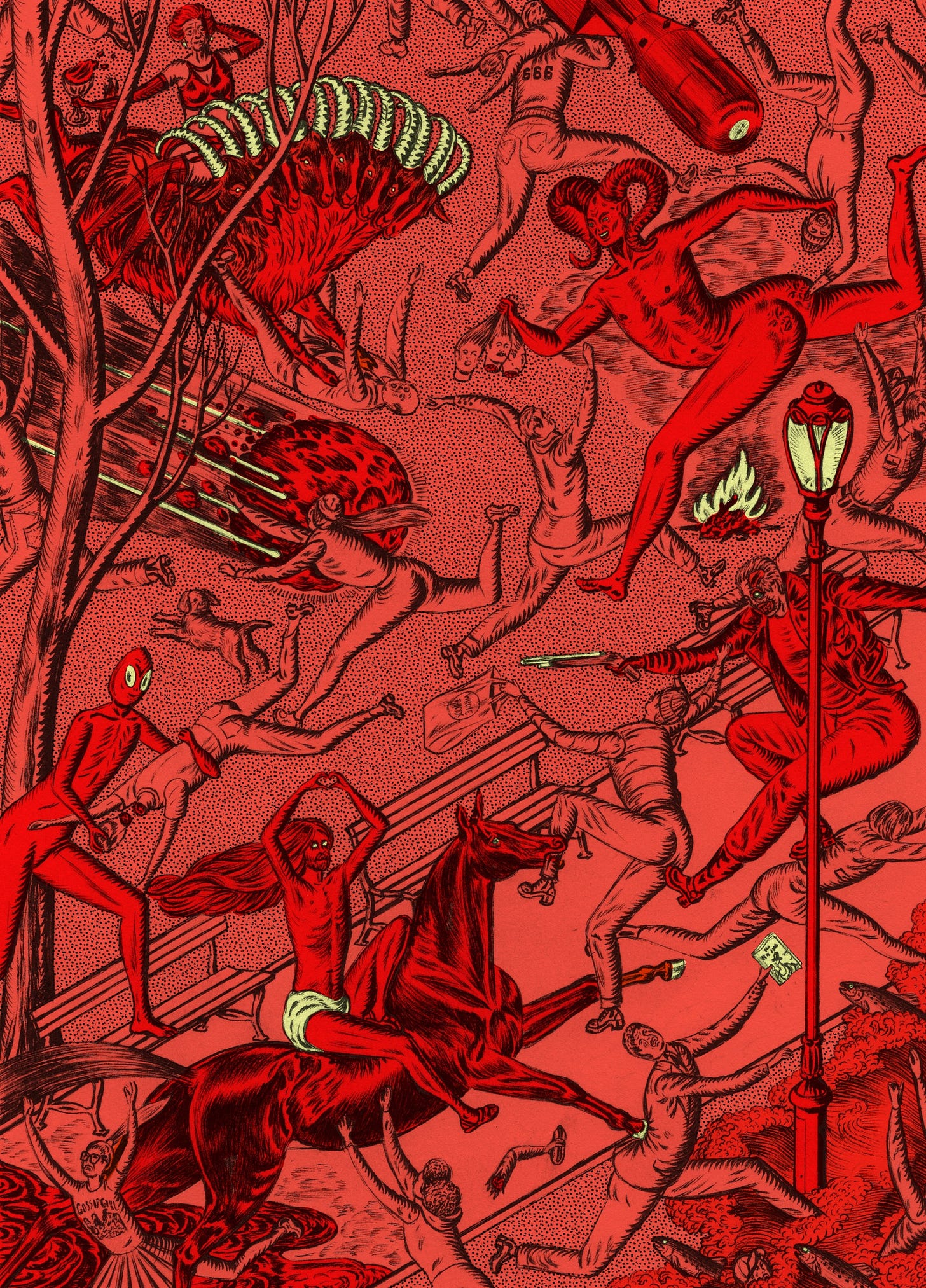 Una scena di parco in cui si mescolano umani e mostri. Una scena di parco in cui si mescolano umani e mostri.