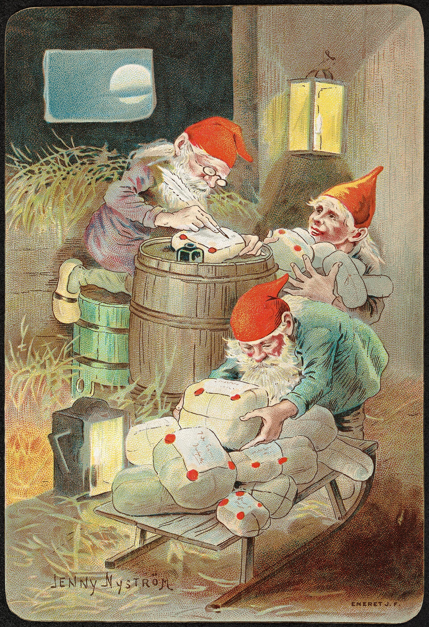 A small grey-bearded Christmas gnome in a red cap, the Swedish jultomte, in a snowy winter scene painted in soft colors on an old printed card. A small grey-bearded Christmas gnome in a red cap, the Swedish jultomte, in a snowy winter scene painted in soft colors on an old printed card.