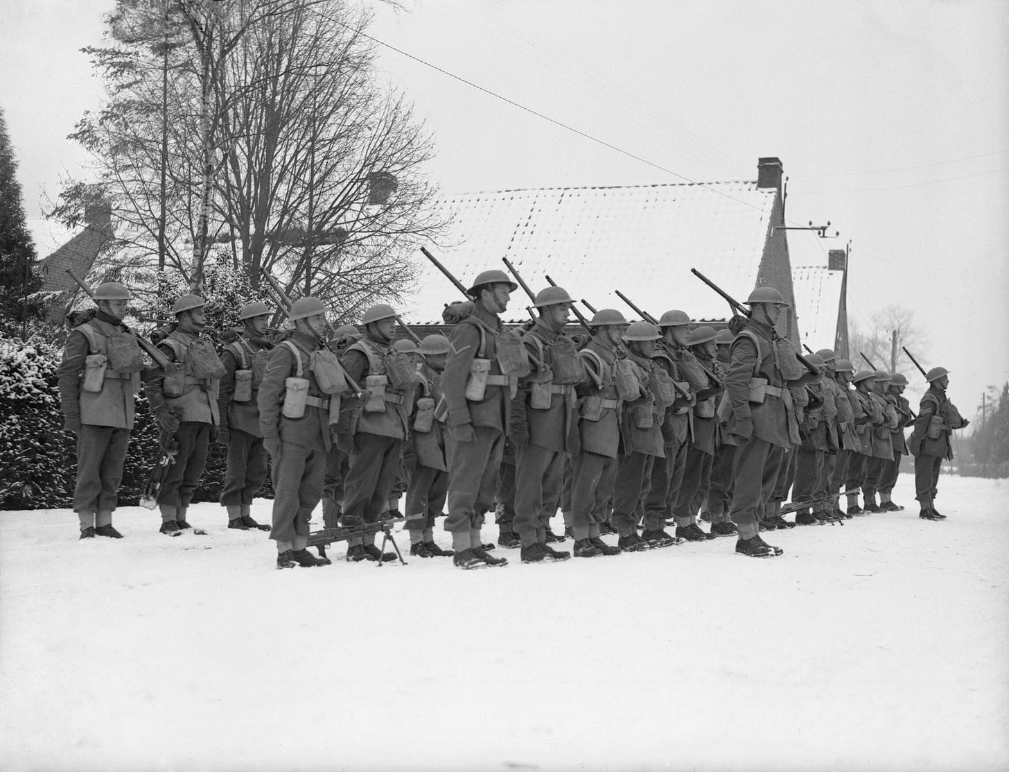 Black-and-white image of the British army in France during World War II. Black-and-white image of the British army in France during World War II.