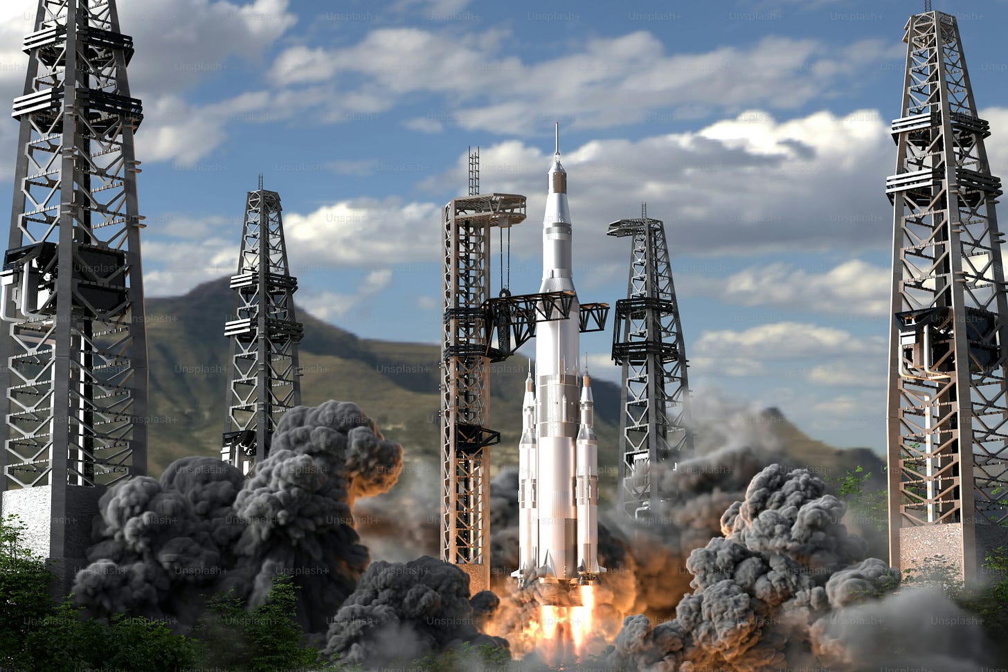 A bunch of rockets that are in the air