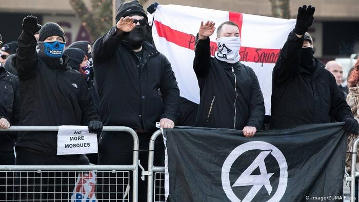 National Action supporters performing Nazi salutes at a rally in Bolton National Action supporters performing Nazi salutes at a rally in Bolton