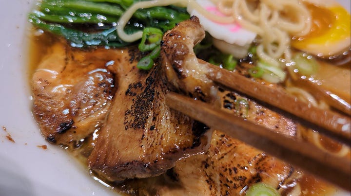 truffle shoyu ramen in a bowl from above.