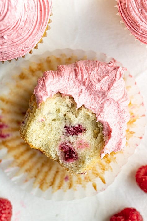 process photos showing raspberry cupcakes.
