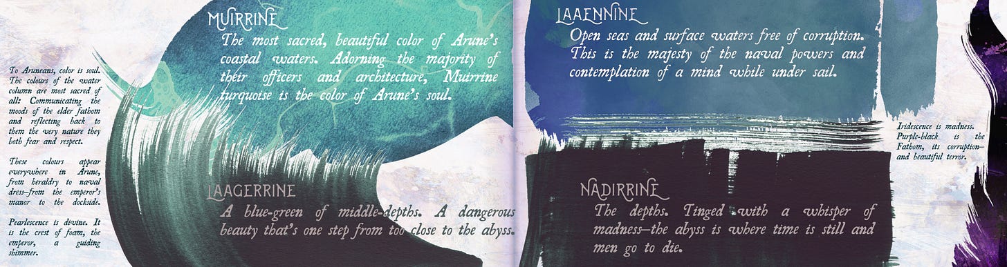 Visual guide to Arunean color symbolism as spiritual geography: four horizontal panels showing the water column from surface to abyss. Muirrine (sacred turquoise of coastal waters), laaeninne (deep blue of open sea), laagerrine (dangerous blue-green of middle depths), and nadirrine (abyssal purple-black where men go to die). Left sidebar explains the distinction between pearlescence (divine) and iridescence (fathom corruption) in Arunean material culture. Visual guide to Arunean color symbolism as spiritual geography: four horizontal panels showing the water column from surface to abyss. Muirrine (sacred turquoise of coastal waters), laaeninne (deep blue of open sea), laagerrine (dangerous blue-green of middle depths), and nadirrine (abyssal purple-black where men go to die). Left sidebar explains the distinction between pearlescence (divine) and iridescence (fathom corruption) in Arunean material culture.